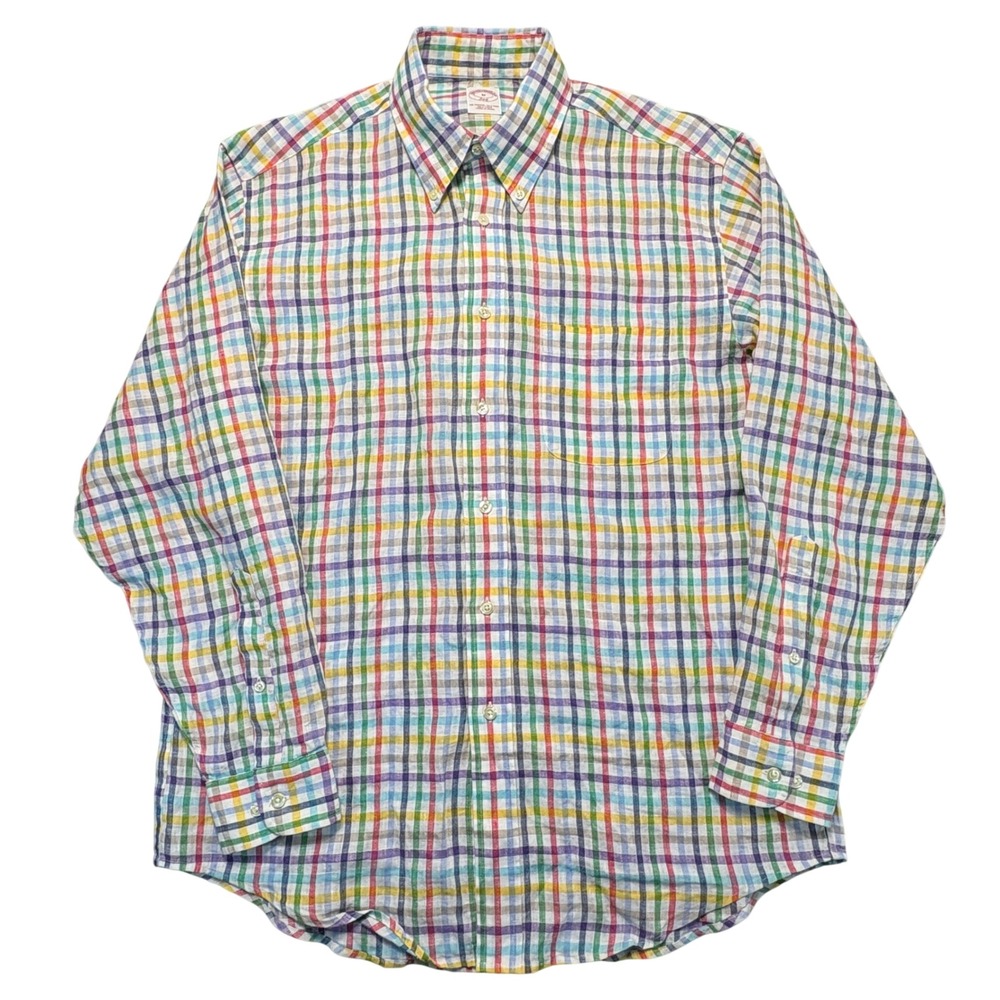 Brooks Brothers 346 Mens Medium Linen Shirt Multi Color Rainbow Check Button Up